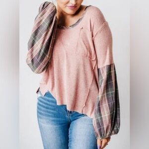 POL Womens Top Plaid Sleeve Pink Boho Size Medium